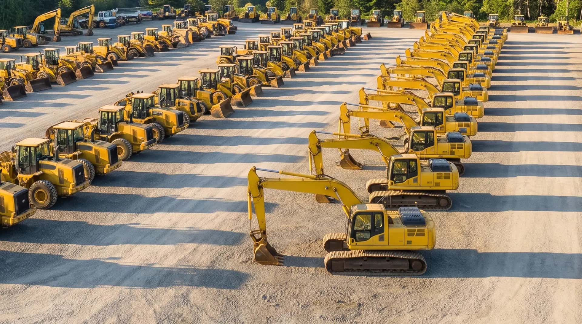 An aerial view of rows of used heavy equipment at a large dealer yard surrounded by forest.