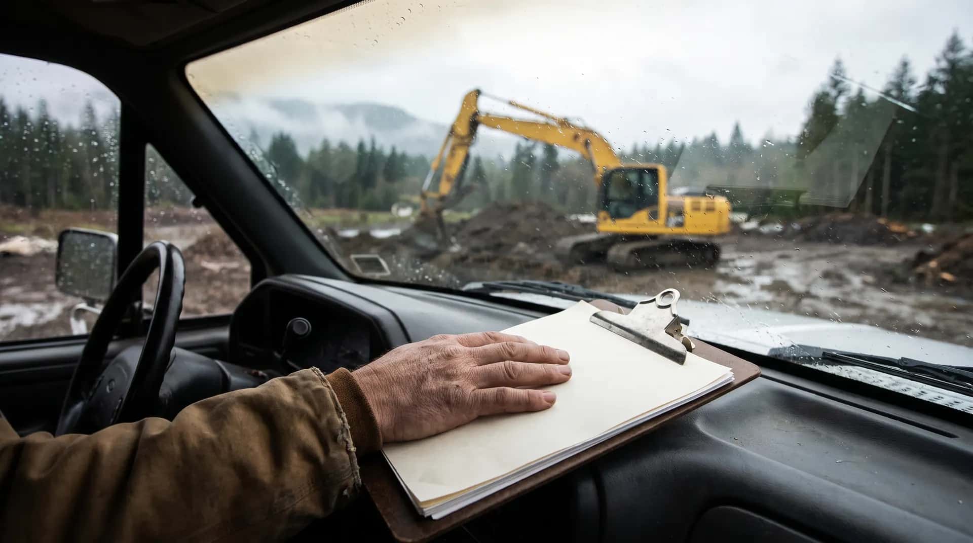 An equipment owner's hand resting on a clipboard on a pickup dashboard, with an excavator working beyond the rain-flecked windshield.