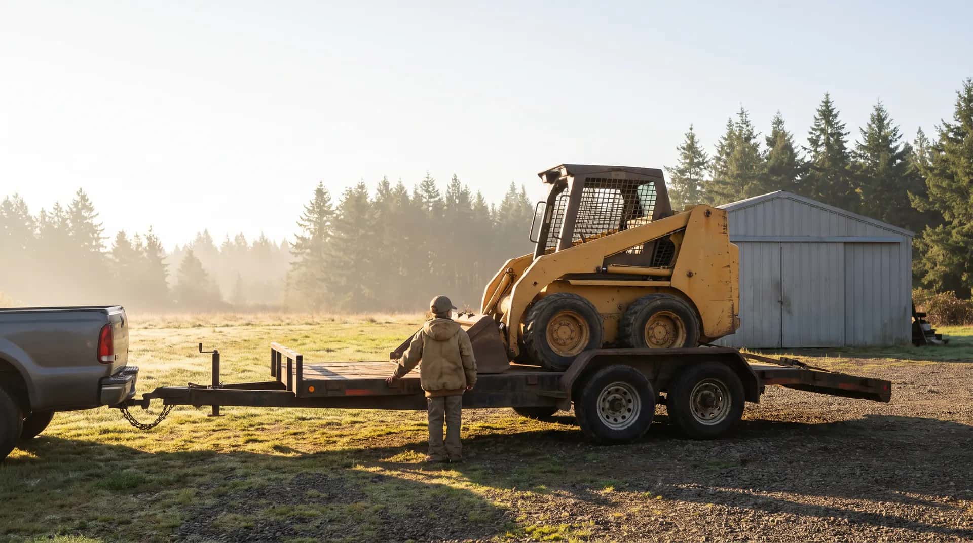A contractor looking over a used skid steer loaded on a trailer on a misty morning.