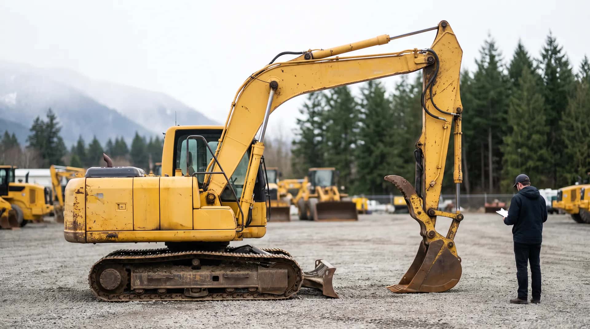 A person with a clipboard looking over a used excavator on a dealer lot.