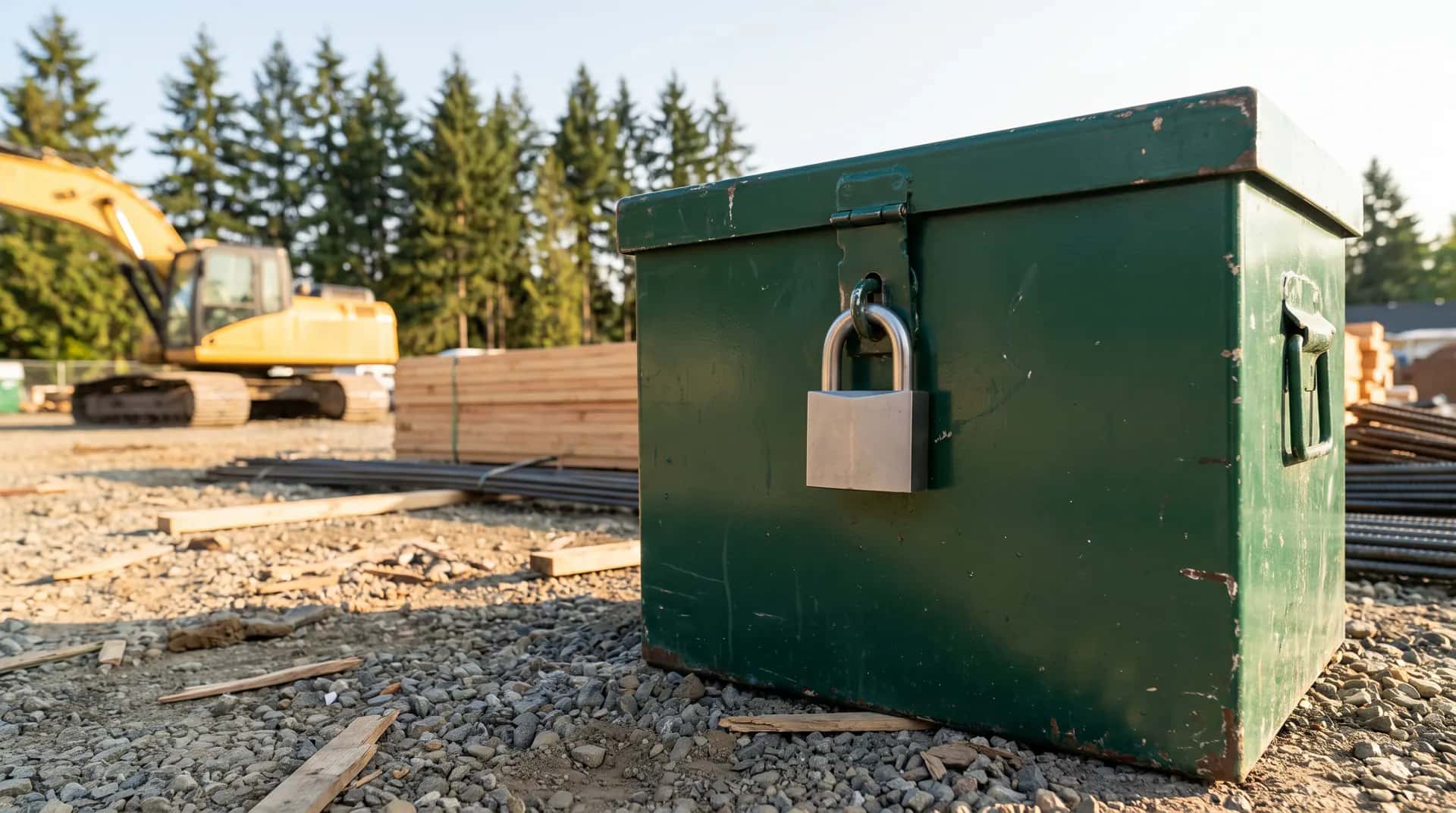 A padlocked steel job box on a construction site.