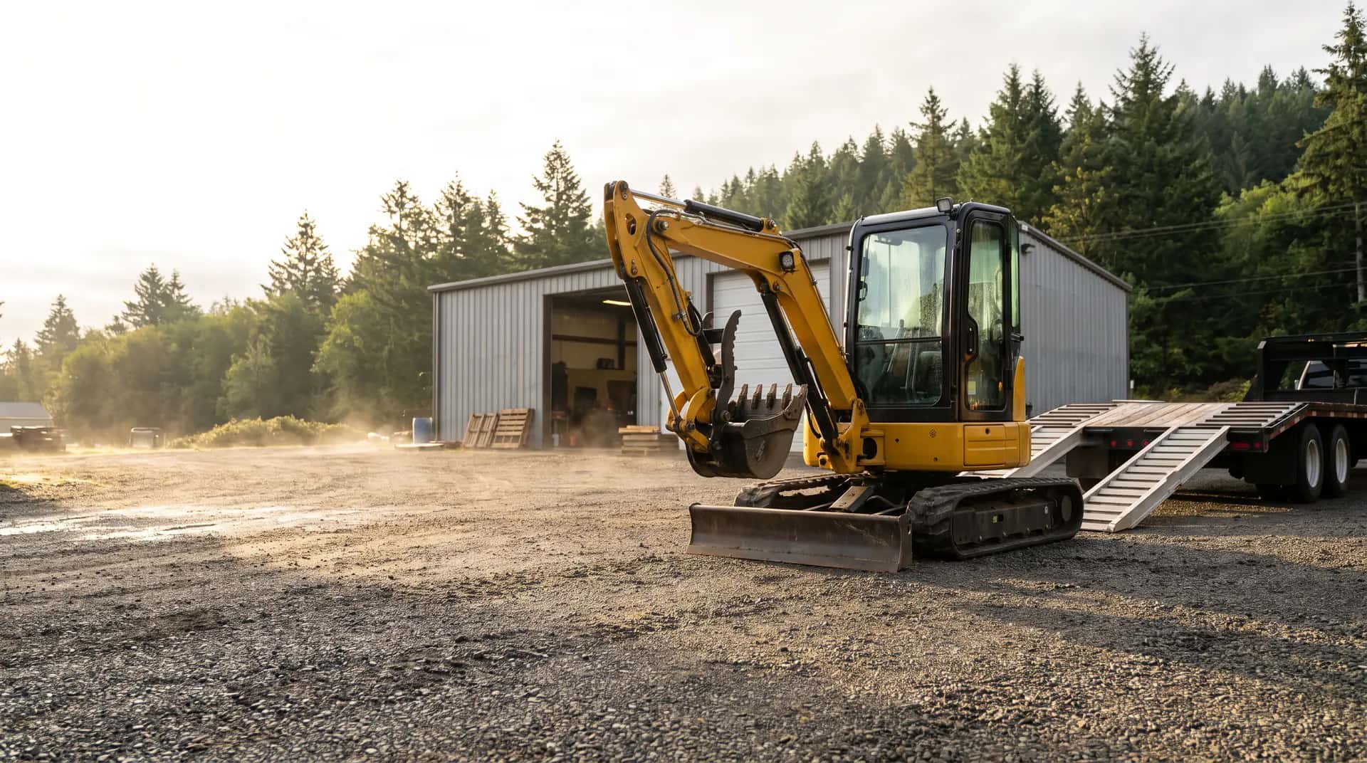 A new compact excavator sitting at the foot of trailer ramps in a small contractor's yard on a misty morning.