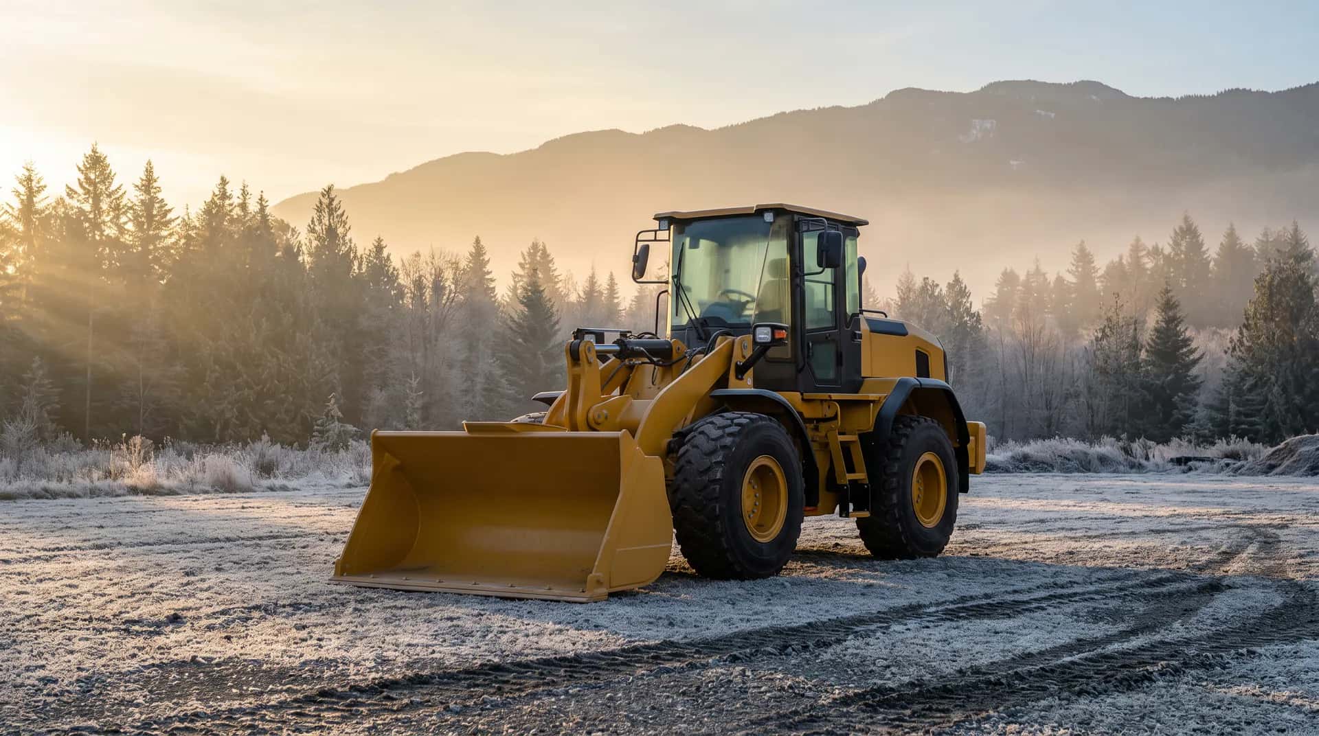 A new wheel loader on a frosty dealer lot in low winter sun.