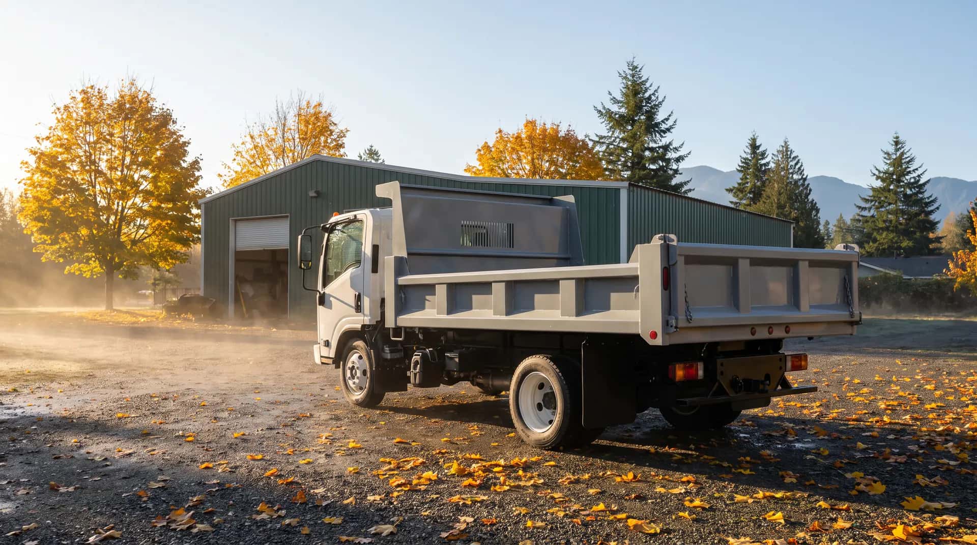 A new dump truck parked in a contractor's yard among fallen autumn leaves.