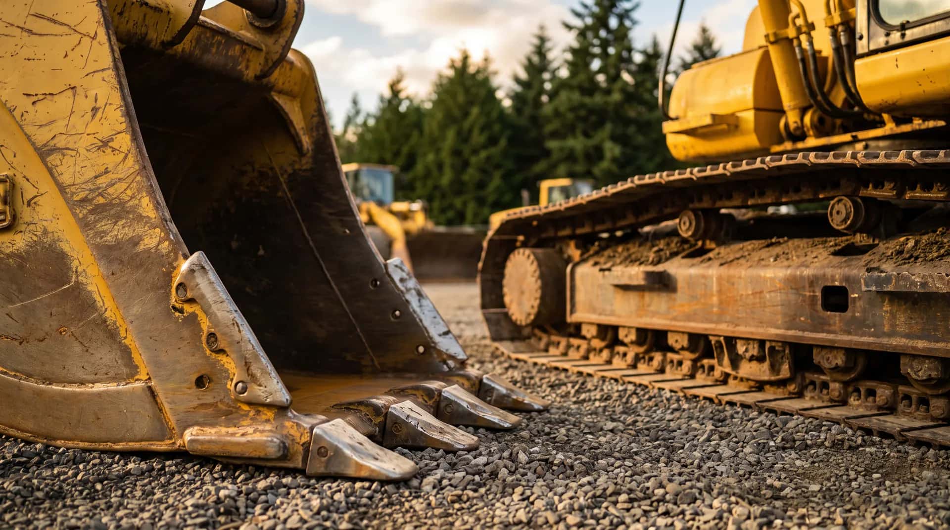 Worn bucket teeth and tracks on a used excavator at a dealer lot.
